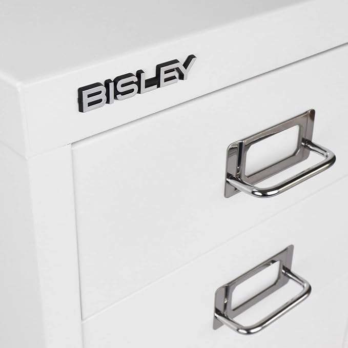 Bisley 3-Drawer Steel MultiDrawer Cabinet - Traffic White, Chrome Pull Handles with Label Holders, Powder-Coated Steel, Removable Drawers, Desktop Storage, Labels Included