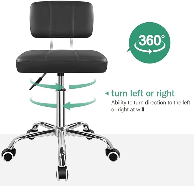 FURWOO Simple Square Office Chair with Back 360 Swivel Stool Chair with Wheels Height Adjustable Stool for Home Work Shop Task Spa Black