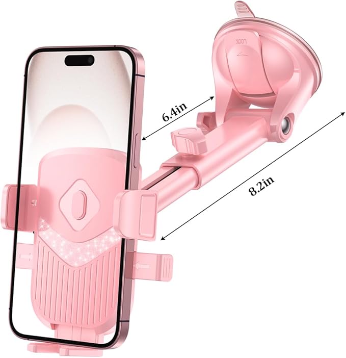 Car Phone Holder, 360° Adjustable Strongest Suction Vehicle Dashboard Windshield Cell Phone Stand with Hook Clip, Automotive Air Vent Smartphones Mount, Universal Fit (Pink)