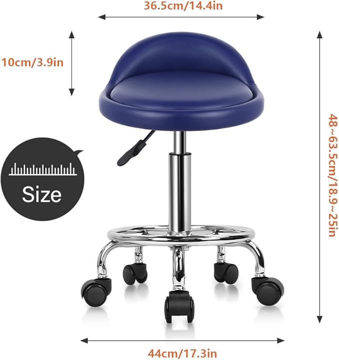 KKTONER PU Leather Round Rolling Stool with Foot Rest Height Adjustable Swivel Drafting Work SPA Task Chair with Wheels (Blue)