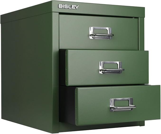 Bisley 3-Drawer Steel MultiDrawer Cabinet - Olive Green, Chrome Pull Handles with Label Holders, Powder-Coated Steel, Removable Drawers, Desktop Storage, Labels Included