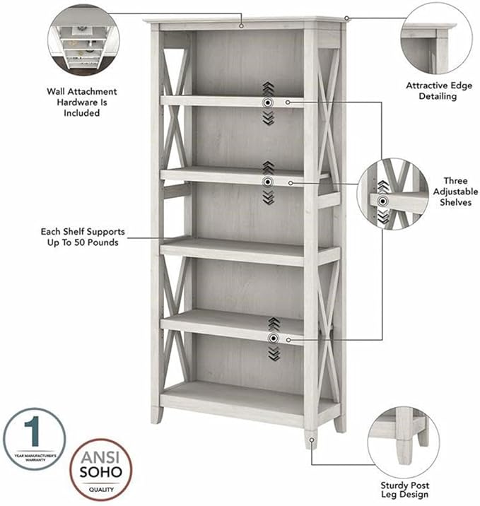 Pemberly Row Engineered Wood Writing Desk, 48W x 24D, with 2-Drawer Lateral File Cabinet and 5-Shelf Bookcase, Linen White Oak Finish, Coastal Farmhouse Style Home Office Furniture Set