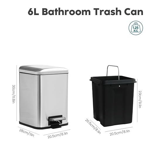 Small Bathroom Trash Can with Lid Soft Close, Step Pedal, 6 Liter / 1.6 Gallon Stainless Steel Garbage Can with Removable Inner Bucket, Anti-Fingerprint Finish, Brushed Sand