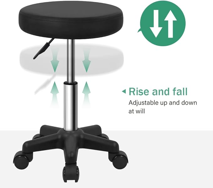 FURWOO Round Rolling Stool Height Adjustable Stool with Wheels for Spa Salon Massage Black