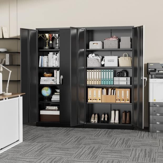 Greenvelly Metal Cabinet with Lock, 72" Metal Storage Cabinet with 2 Doors and Adjustable 4 Shelves, Locking Cabinet for Home Office, Garage(32" W x 16" D), Black