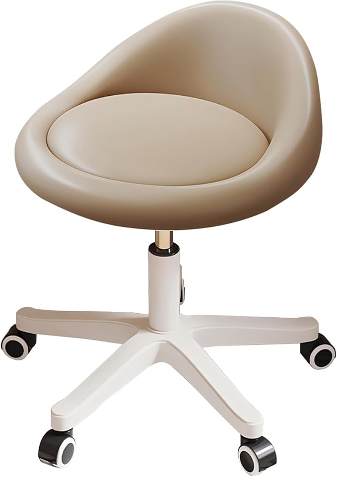 Swivel Rolling Stool with Wheels, Height Adjustable PU Leather Drafting Chair, Round Seat for Salon, Spa, Tattoo, Office, Home Use Khaki Set of 2