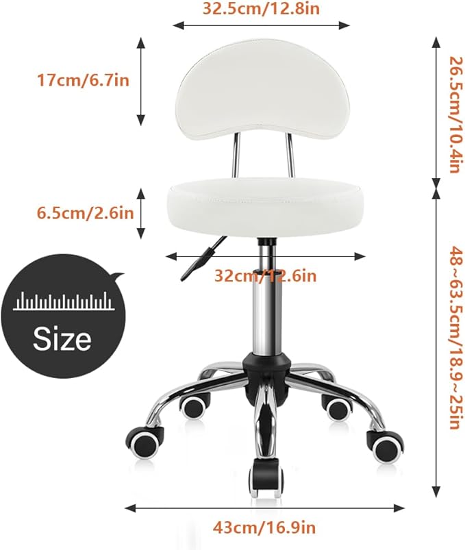 KKTONER Rolling Stool with Mid Back Height Adjustable Chair PU Leather Swivel Chair with Wheels for Office Home Task Drafting (White)
