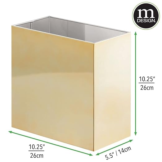 mDesign Small Steel Rectangular 2.4 Gallon/9.1 Liter Trash Can, Waste Basket for Bathroom, Bedroom, Home Office - Holds Garbage, Recycling, Household Items - Linn Collection - Soft Brass