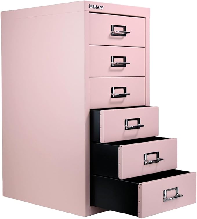 Bisley 6-Drawer Steel MultiDrawer Cabinet - Palest Pink, Chrome Pull Handles with Label Holders, Powder-Coated Steel, Removable Drawers, Fits Under Most Desks, Labels Included