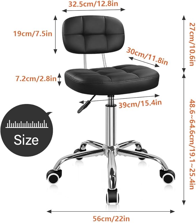 KKTONER Black Home Office Chair Leather Rolling Stool with Swivel Wheels with Backrest Height Adjustable for Home Office Computer Desk SPA