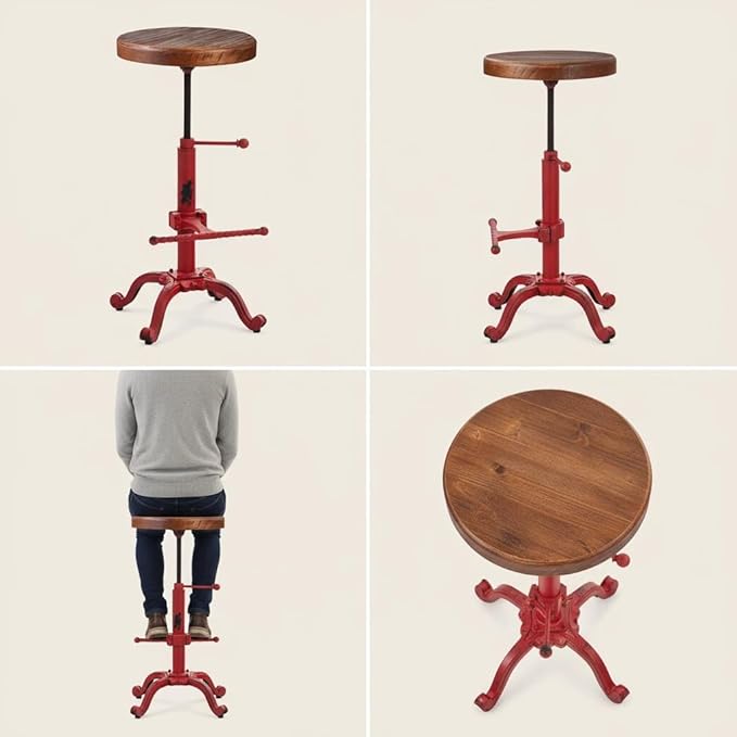 Topower Industrial Retro Vintage Farm Wooden Tractor Stool Kitchen Swivel Height Adjustable Bar Stool (Antique Red)