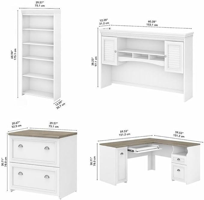 Pemberly Row 4 Piece L Shaped Desk Office Set, Engineered Wood, White and Gray Finish, Includes Hutch, Lateral File Cabinet, 5 Shelf Bookcase, Modern Farmhouse Style Home Office Furniture