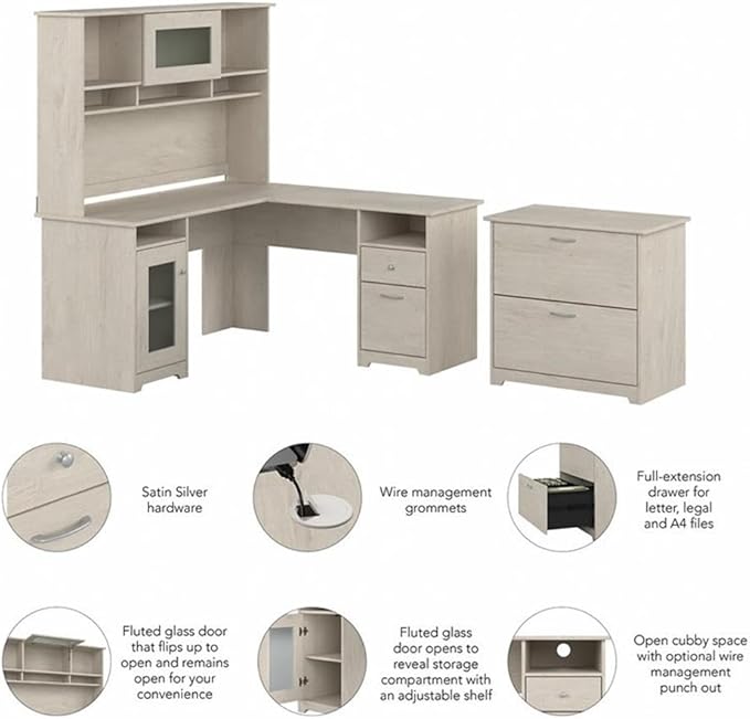 Pemberly Row 60W L Shaped Engineered Wood Desk w/Hutch & File Cabinet, Linen White Oak Finish, Fluted Glass, Built-in Wire Management, Home Office Desk Set with Storage & Filing