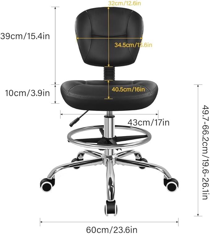 WKWKER Drafting Chair with Back Footrest Adjustable Office Stool Chair 360 Swivel Rolling Stool with Wheels Desk Chair with Backrest for Drafting Office Lab Studio Counter Bedroom Kitchen Shop (Black)