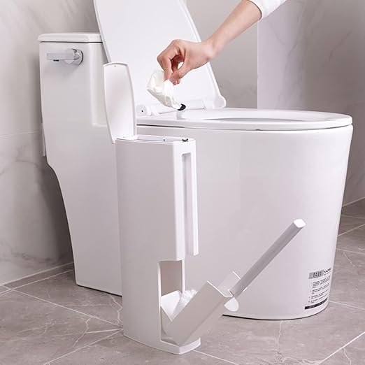 Slim Bathroom Trash Cans with Lid 4.4 Inches Wide/0.7 Gallons(3 Liters),Small Narrow Lidded Bathroom Trash Can with Toilet Brush for RV Camper,Tiny Garbage Can Rv Accessories for Inside(White)
