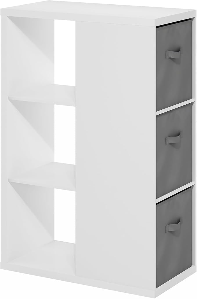 Furinno Viola Book Shelf, 3-Tier Bookshelf, Cube Storage Organizer Bookcase with Open Shelf, with Storage Bins, 13.6 x 29.3 x 43.8, for Living Room, Bedroom, Home Office, White/Light Grey