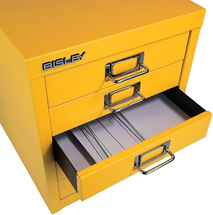 Bisley 5-Drawer Steel MultiDrawer Cabinet - Golden Sunflower Yellow, Chrome Pull Handles with Label Holders, Powder-Coated Steel, Removable Drawers, Desktop Storage, Labels Included