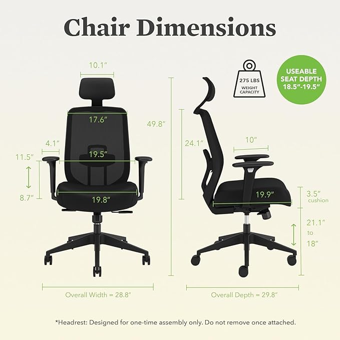 HON Altern Ergonomic Office Chair with Headrest, Arms, Wheels, Foam Cushion Seat, Mid Back Home Office Desk Chair Comfy, Gaming Chair, Height Adjustable Arms, Synchro-Tilt, Seat-Slide, Black