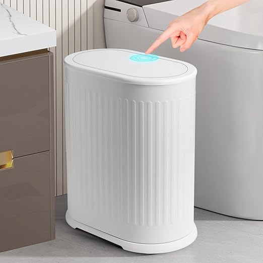Anzoymx Bathroom Trash Cans White Stainless Steel Small Garbage Can with Pop up Lid, 1.8 Gallons Dog Proof Narrow Wastebasket, Slim Litter Trash Bins for Bedroom, Toilet, Office
