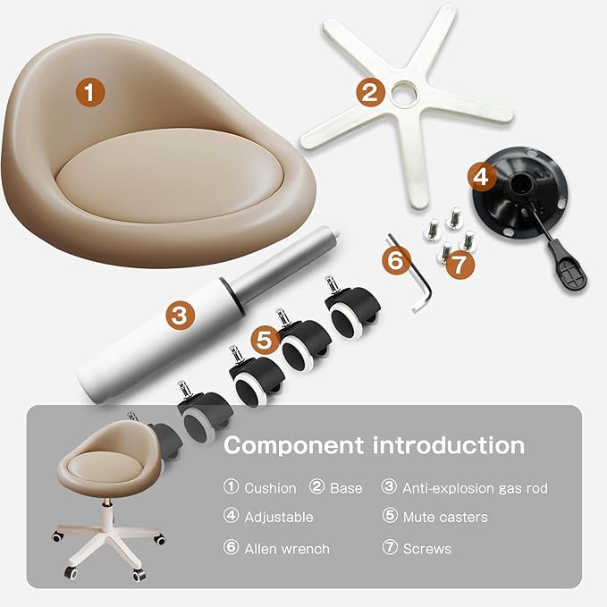 Rolling Stool Chair with Backrest, Round PU Leather Adjustable Height Hydraulic Swivel Rolling Stool for Spa Salon Tattoo Massage Doctor Dental Medical Office Khaki