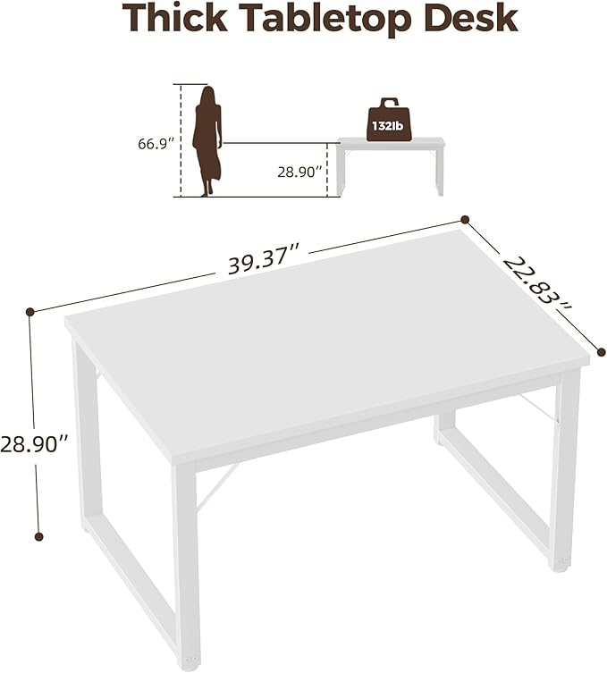 Mericonia 40 Inch Computer Desk, 1" Thick Modern Simple Study Writing Table, Heavy Duty Industrial Office Desk for Home Bedroom Workstation, White