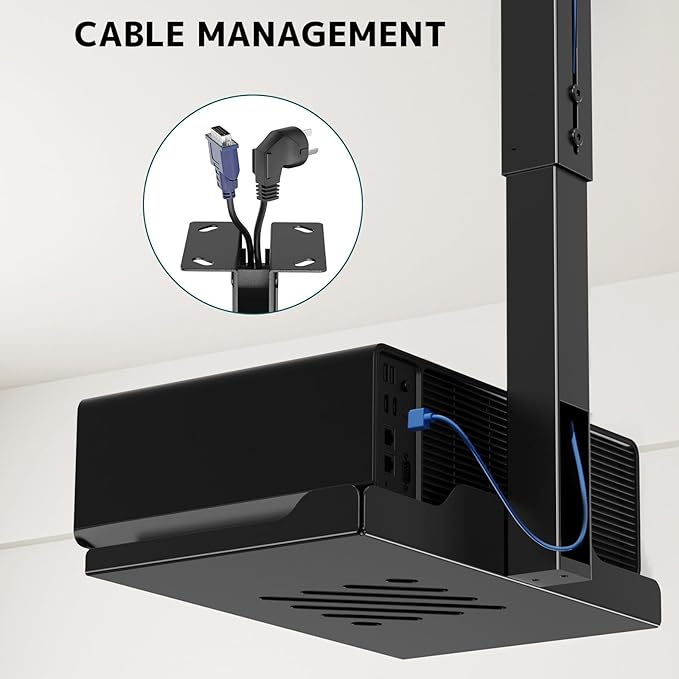 Projector Ceiling Mount with Tray, Adjustable Height Universal Bracket with Concealed Cable Management, No Hole Installation, Holds up to 22 lbs – Ideal for Home Theater & Office (Black)