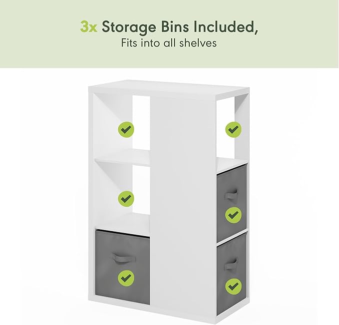 Furinno Viola Book Shelf, 3-Tier Bookshelf, Cube Storage Organizer Bookcase with Open Shelf, with Storage Bins, 13.6 x 29.3 x 43.8, for Living Room, Bedroom, Home Office, White/Light Grey