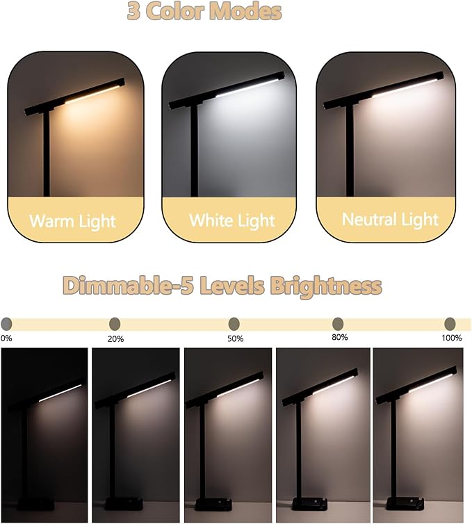 Vitoki LED Desk Lamp for Home Office with Magnetic Detachable, Eye-Caring Reading Light with Phone Stand 3 Color Mode, 5-Level Dimmable, Rechargeable Table Lamp Night Lights for Bedroom Study Bedside