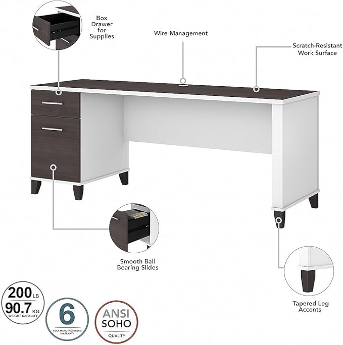 Bush Home Somerset 72W 3 Position Sit to Stand L Shaped Desk with Hutch and File Cabinet in White and Storm Gray