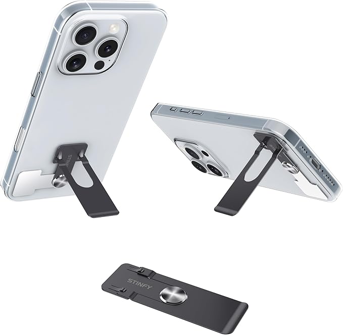 Phone Slim Stand Thin Kickstand, Ultra Thin Vertical Horizontal Universal Steel Metal Stable Mount Attachable Pocket Friendly Phone Holder for iPhone Samsung Phone Case (Black 1-Pack)