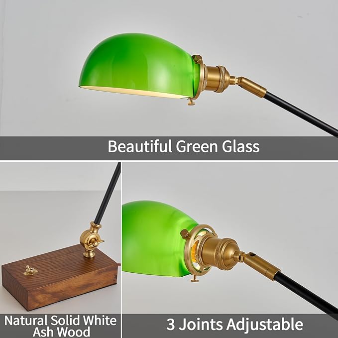 Bankers Lamp, Adjustable Traditional Green Desk Lamp with Solid Ash Wood Base, Green Glass Antique Library Lamp with Power Cord Switch, Plug in Vintage Bankers Desk Lamp for Office 【E26 Socket】