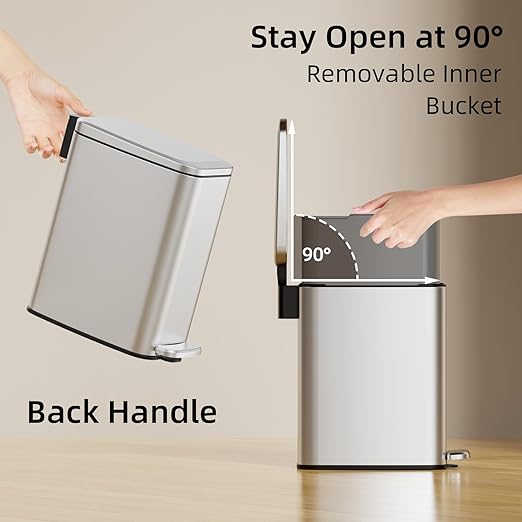KSSKSS Small Bathroom Trash Can with Lid Soft Close, Step Pedal, 6L / 1.6 Gal Stainless Steel Garbage Bin with Removable Inner Bucket, Slim Wastebasket for Narrow Spaces (Silver)