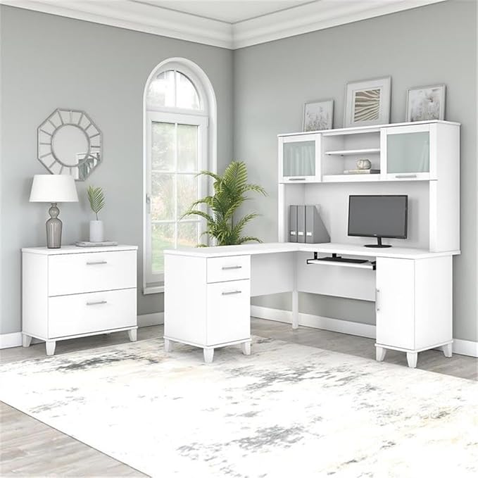 Pemberly Row Engineered Wood 60W L Shaped Desk with Hutch & File Cabinet, White Finish, Pull-Out Keyboard Tray, Frosted Glass Doors, Ball Bearing Slides, Home Office Furniture Set