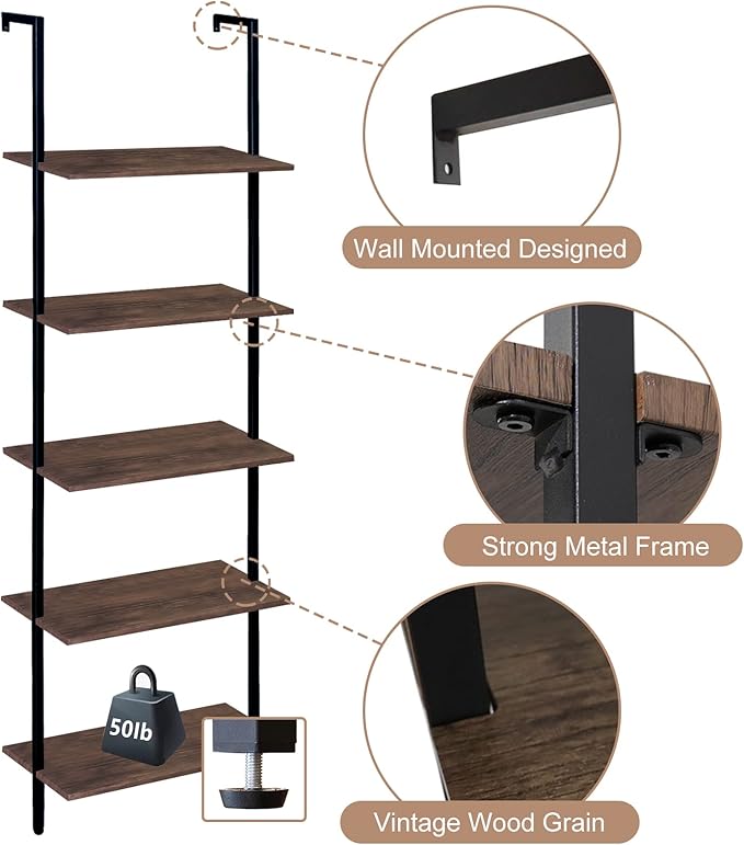 Wolawu 5 Tiers Ladder Shelf Brown Modern Bookshelf Open Tall Wall Mount Bookcase Standing Leaning Wall Shelves Industrial Decorative Living Room Bed Room