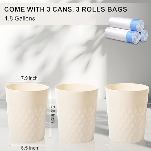 JiatuA 3 Pack Small Trash Can with Trash Bags Bathroom Garbage Bin Round Plastic Waste Basket for Kitchen, Bedroom, Office, College Dorm, Craft Room, Beige