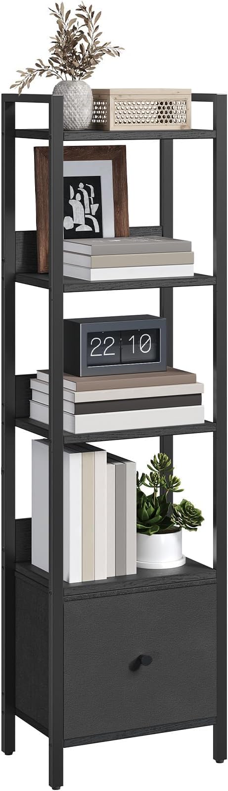 MAHANCRIS Bookshelf, 5-Tier Bookcase with Drawer, Small Book Shelf for Small Space, Storage Shelf Organizer, for Living Room, Bedroom, Study, Kitchen, Black BKHB55101