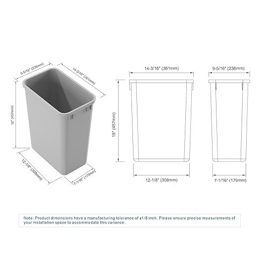 Dowell 35Qt Wastebasket Trash Container, 9Gal, Plastic, Stackable, for Kitchen/Bathroom/Office, Fits Under Sink/Desk - Grey (1, 35 QT)