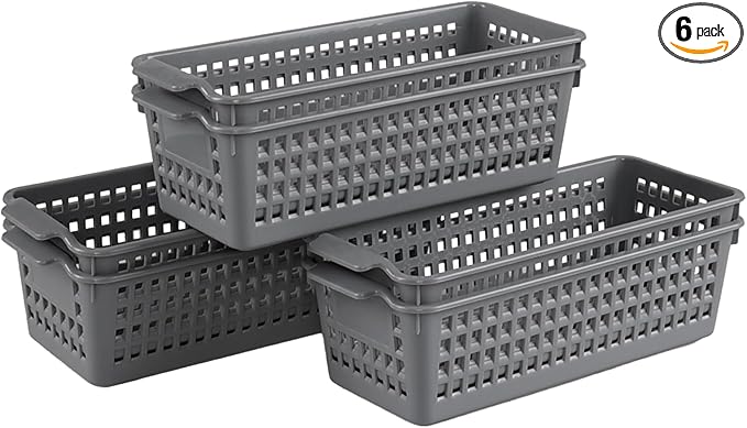 Farmoon 6 Pack Slim Storage Baskets, Grey Plastic Organizer Basket