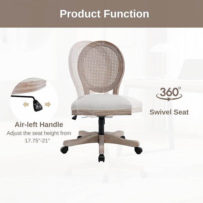 HEAH-YO Home Office Chair, Vintage Linen Fabric Armless Desk Chair with Rattan Backrest and Wheels, Swivel Vanity Chair for Bedroom, Beige