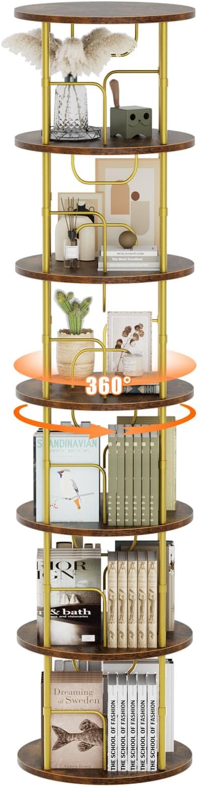ALLSTAND 6 Tier Rotating Bookshelf, 360 ° Display Stackable Spinning Bookshelf Tower, Corner Bookshelf Tall Floor Standing Swivel Bookcase Narrow Storage Organizer for Bedroom, Living Room, Gold