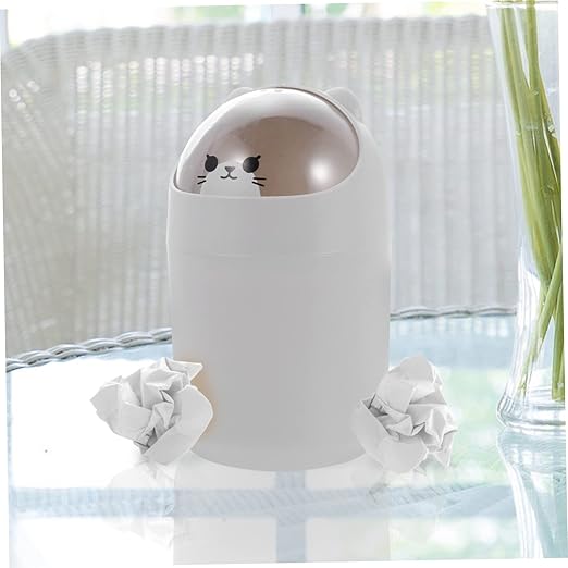Alipis Cute Cartoon Bear Desktop Trash Can Lid Mini Waste Bin for Bedroom and Office Slim Plastic Garbage Container