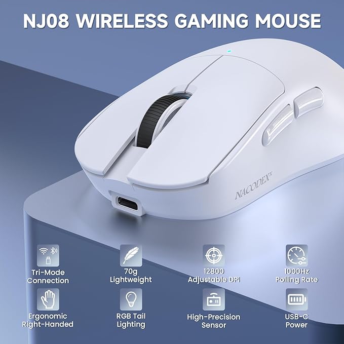 AJAZZ NJ08 Wireless Gaming Mouse 70g Lightweight, 12800 DPI, RGB Strip, 3-Mode Connection 2.4G/Bluetooth/Wired, 1000Hz Polling Rate, Ergonomic Right-Handed Design for PC, Mac, Windows, Laptop (White)