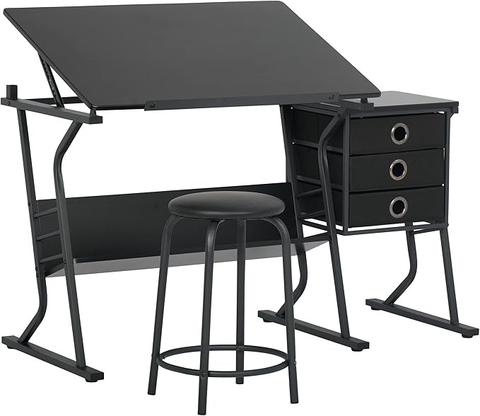 2 Piece Eclipse Ultra Center/Drawing Table with Stool, Angle Adjustable Top, Storage Shelves, and Drawers