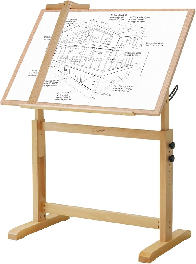 conda Wood Drafting Table - Adjustable Height, 35.5"x23.5" Plan Table for Construction with Tiltable Surface, Rustic Architect Table & Blue Print Tables for Drawing, Writing, Graphic Design