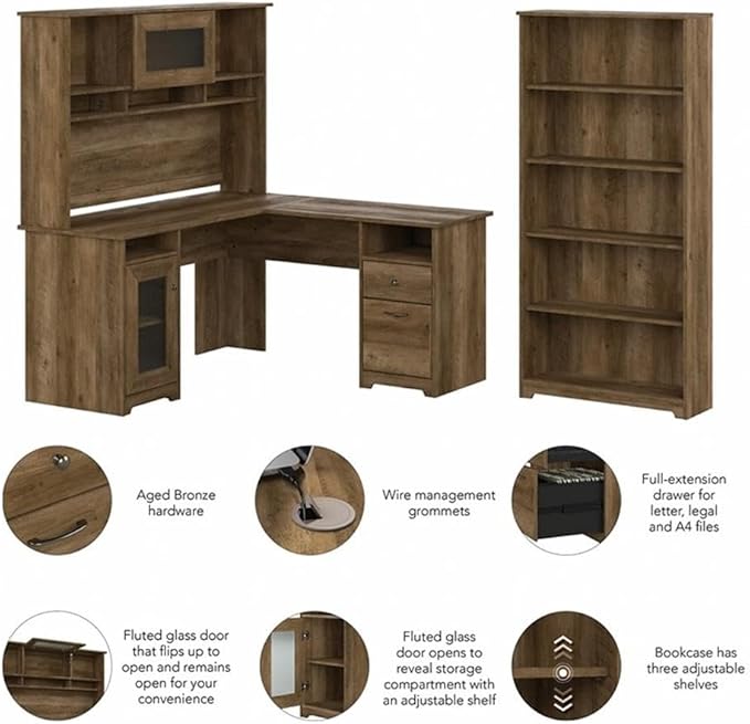 UrbanPro Engineered Wood L Shaped Desk with Hutch and 5 Shelf Bookcase, Reclaimed Pine Finish, 60W Corner Office Desk Set with Storage Cabinet, Adjustable Shelves, File Drawer, Wire Management