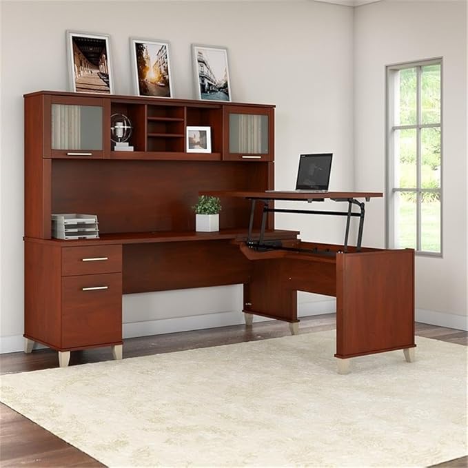 Pemberly Row 72W Sit to Stand L Shaped Desk with Hutch, Hansen Cherry Finish, Adjustable Heights, Frosted Glass Doors, Includes File Drawer and Shelving, Ergonomic Office Desk for Home or Workplace