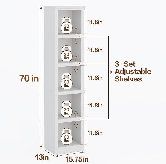 Bevfint 70" Tall Bookcase, White Narrow Floor Standing Bookshelf, 5 Tier Shelves Open Storage Organizer, Book Case for Living Room Hallway Kitchen Home Office Bathroom, White - 5 Tier