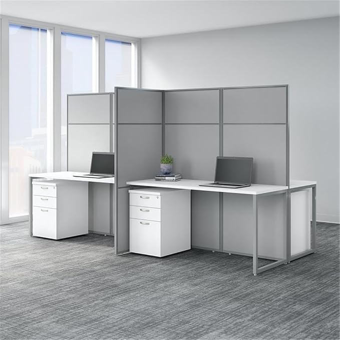 Scranton & Co Office Furniture 4 Person Desk, 60W x 24D with 66H Panels, White Finish, Thermally Fused Laminate Work Surface, File Cabinets, Built-in Wire Management, Private Workspace for Office Use