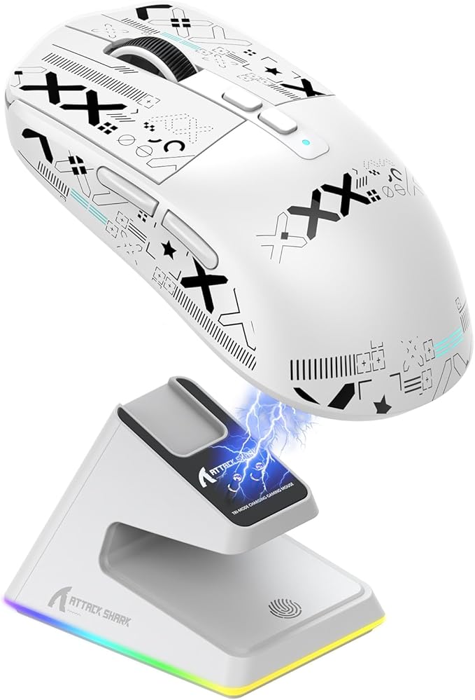 Attack Shark X6 49g Superlight Wireless Gaming Mouse with Magnetic RGB Charging Dock,BT/2.4GHz Wireless/Wired Mouse,PixArt PAW3395 Sensor, 26000DPI, Griptape, 200Hrs Battery for Win/Mac (White)