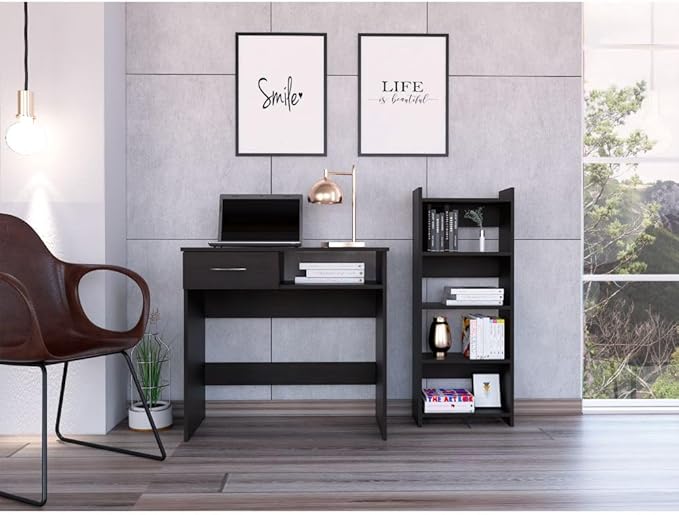 Tuhome Vizcaya Office Set with Single Drawer, Keyboard Tray, Freestanding Bookcase, Modern and Compact Home Office Solution